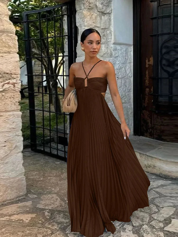 Pleated Edition Blue Halter Maxi Dress