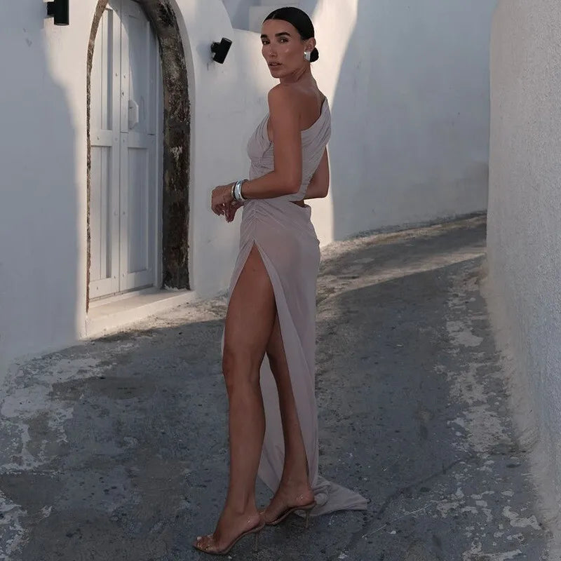 Mesh Backless One - Shoulder Long Dress