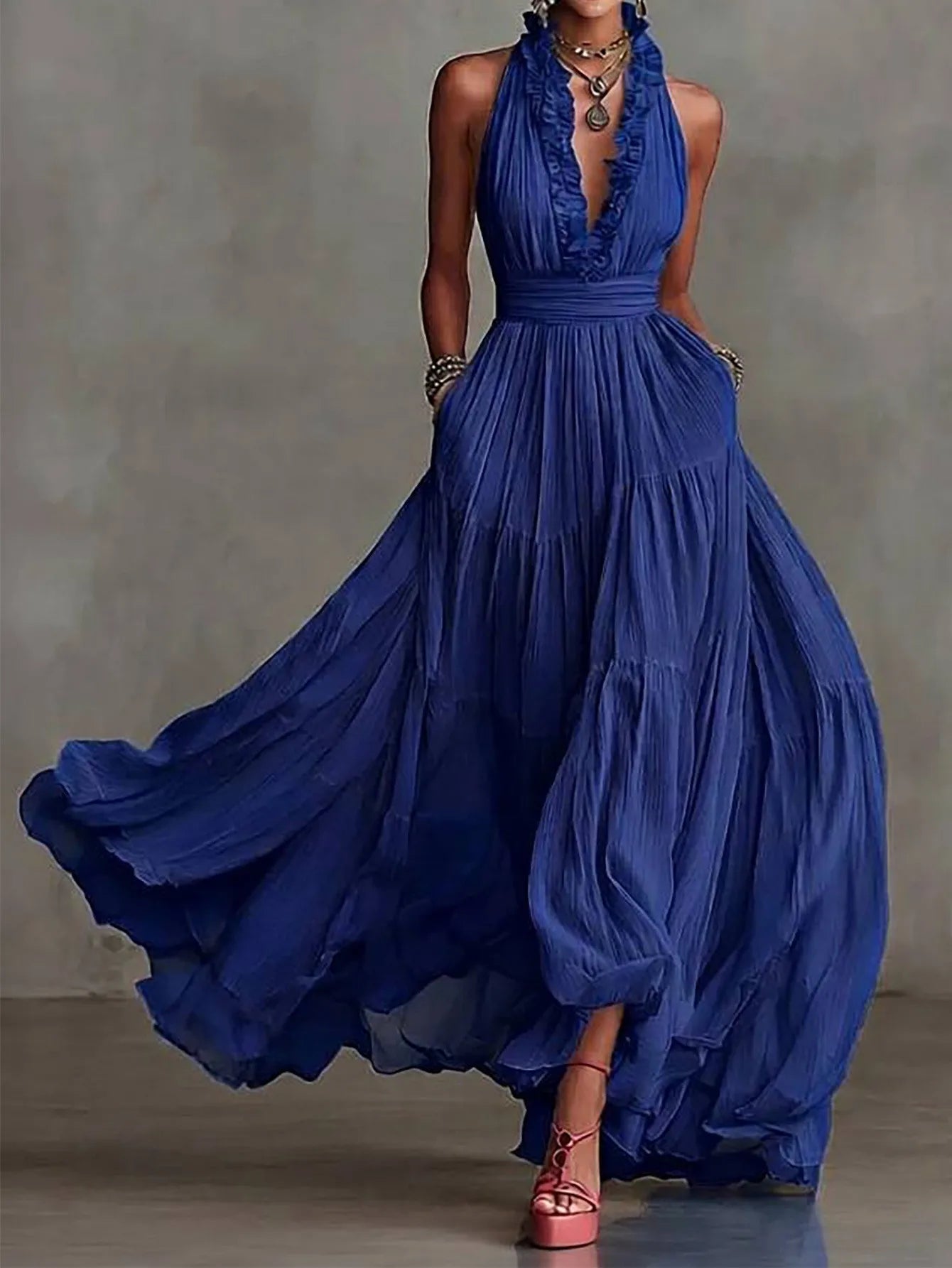 Halter Neck Deep V-Neck Ruffle Chiffon Maxi Dress 4