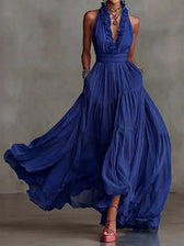 Halter Neck Deep V-Neck Ruffle Chiffon Maxi Dress 4