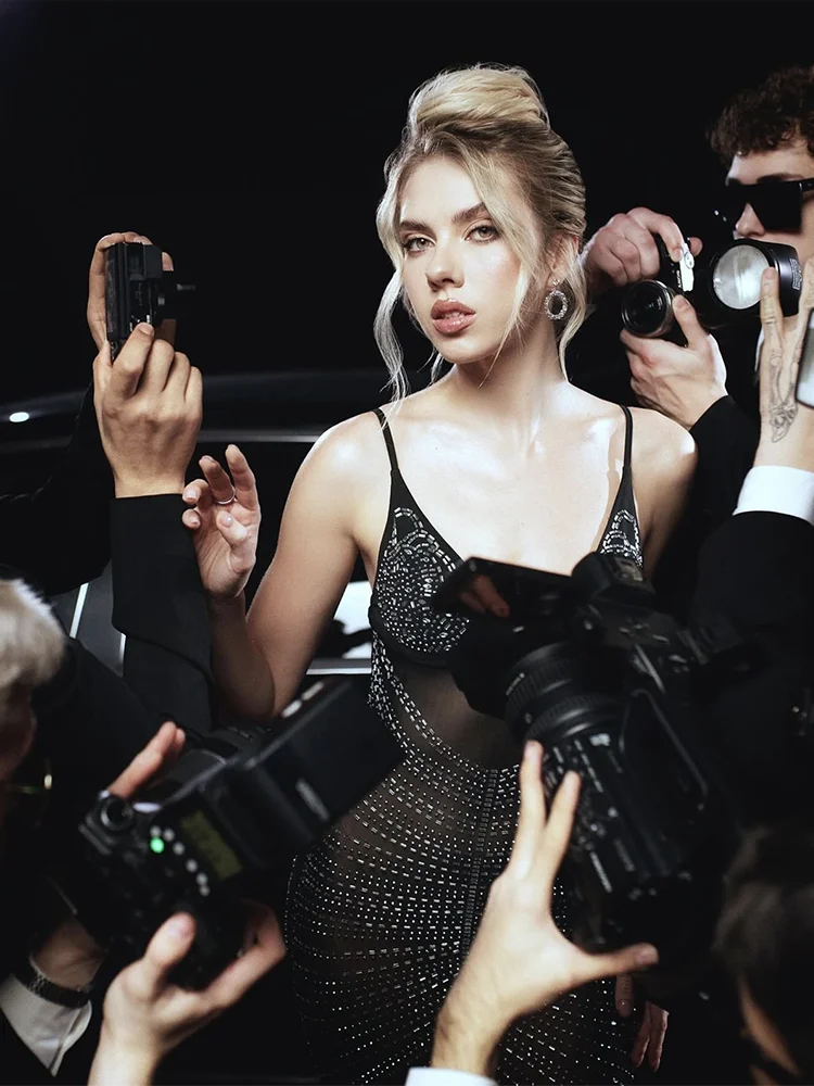 Diamonds See-Through Khaki Slim Lace Dress