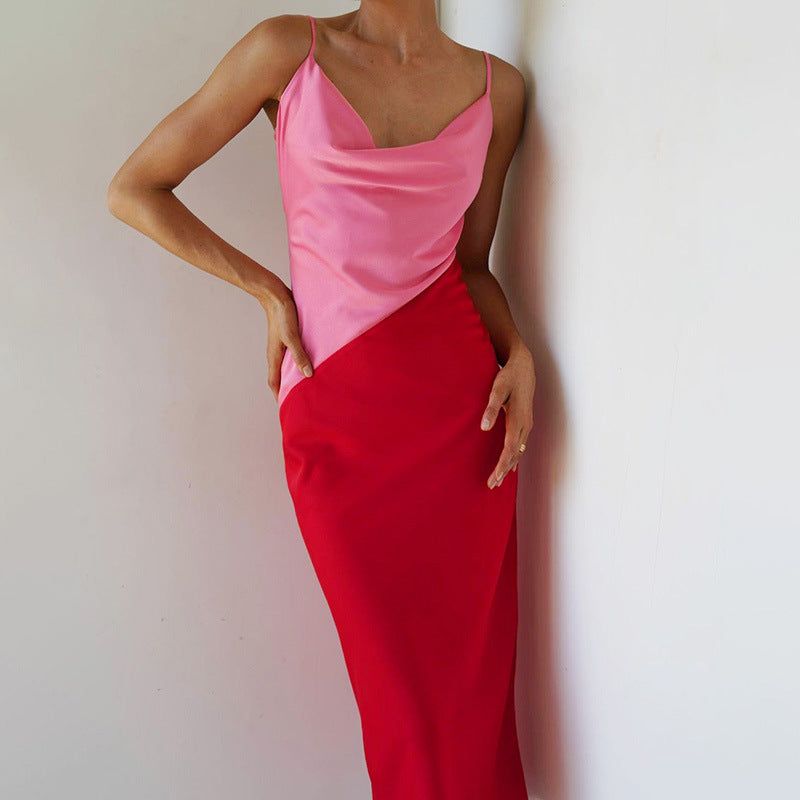 Satin Cowl Neck Spaghetti Strap Diagonal Color Block Midi Slip Dress