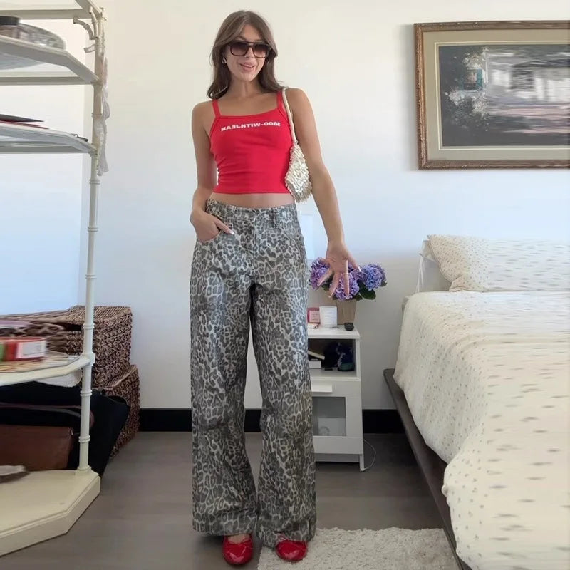 Leopard Print Low Waist Wide Leg Baggy Jeans 15