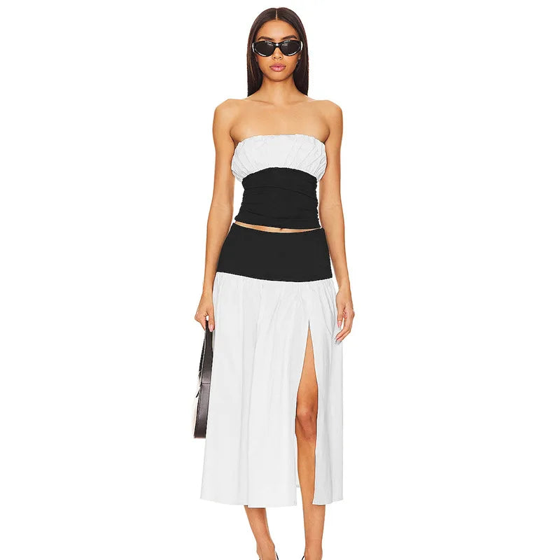 Black And White Patchwork Tube Trendy Top And Slit Long Skirt Set