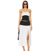 Black And White Patchwork Tube Trendy Top And Slit Long Skirt Set