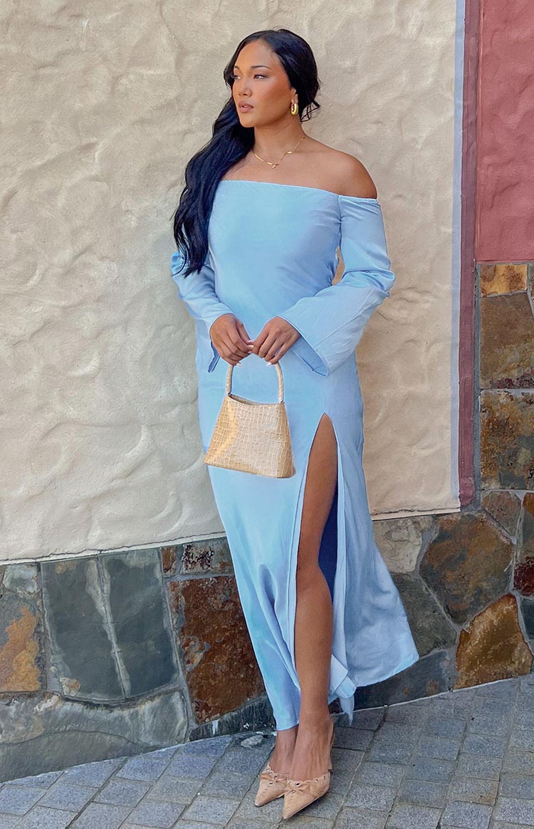Satin Off Shoulder Long Bell Sleeve High Split Maxi Dress 6