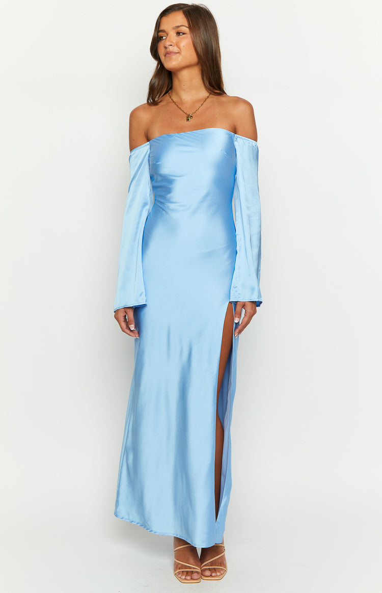 Satin Off Shoulder Long Bell Sleeve High Split Maxi Dress