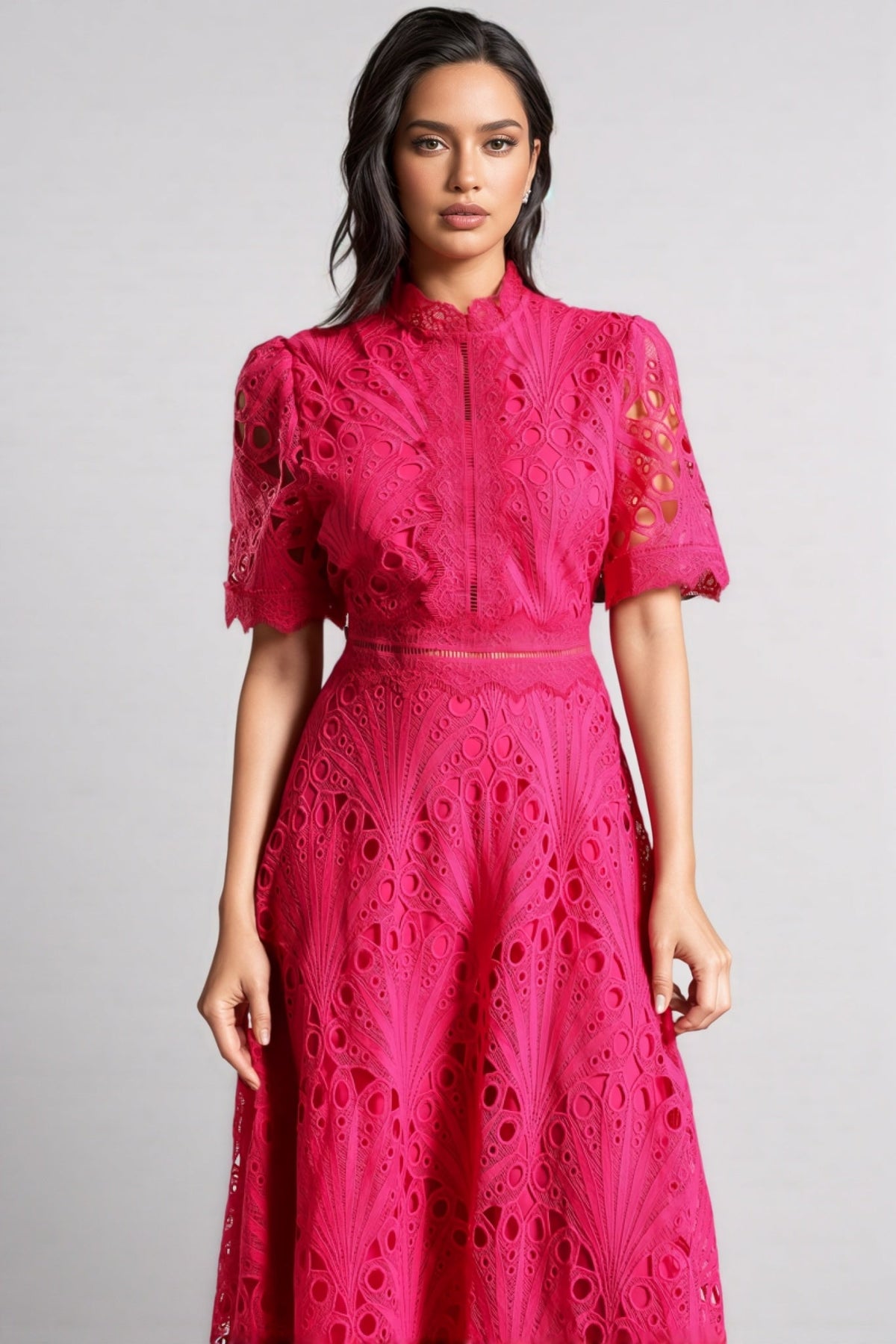 Eyelet Lace Mock Neck Short Sleeve Scalloped Hem A-Line Midi Dress 3