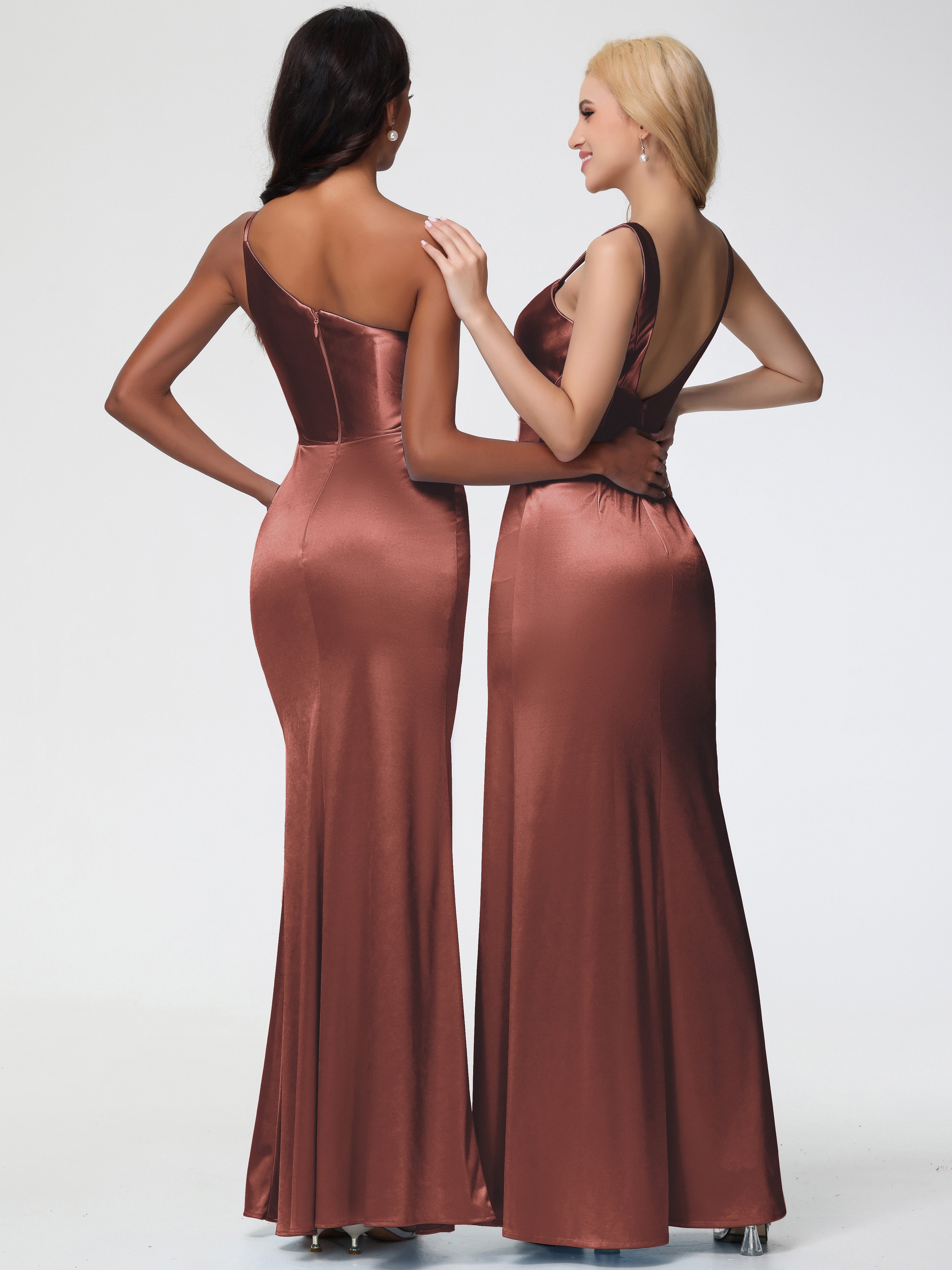 Silk Terracotta Formal Dresses Sheath/Column Straps V Back Floor Length Stretch Satin Formal Dress