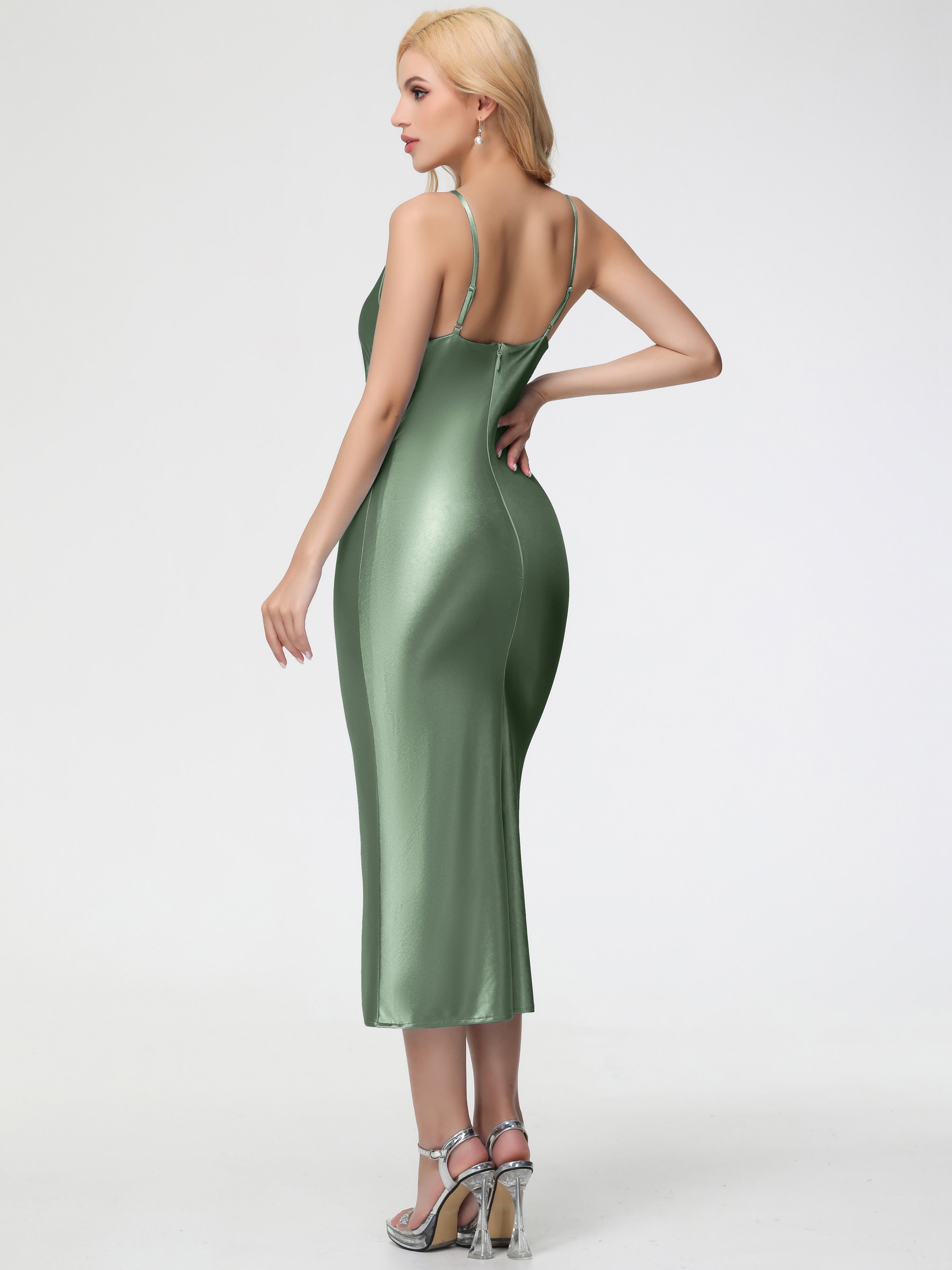 Dusty Sage Formal Dress Formal Dresses Sheath/Column Straps Cowl Neck Tea Length Stretch Satin Formal Dress
