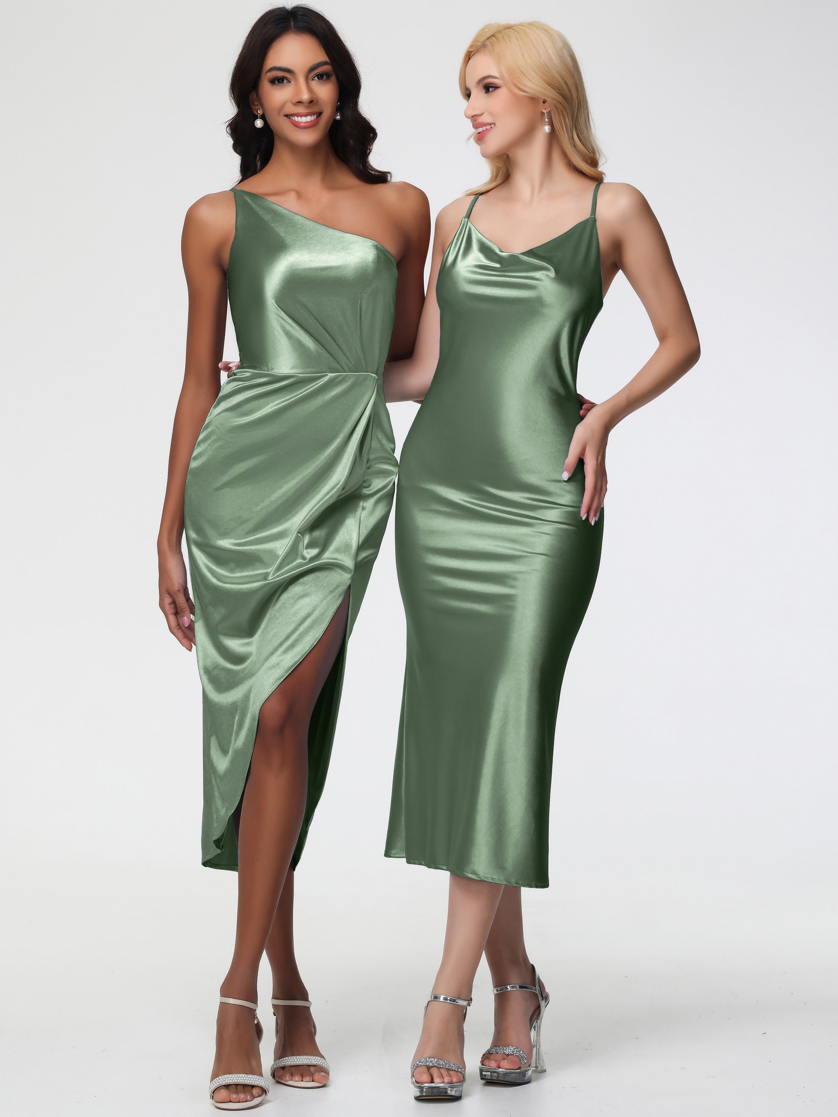 Dusty Sage Formal Dress Formal Dresses Sheath/Column Straps Cowl Neck Tea Length Stretch Satin Formal Dress