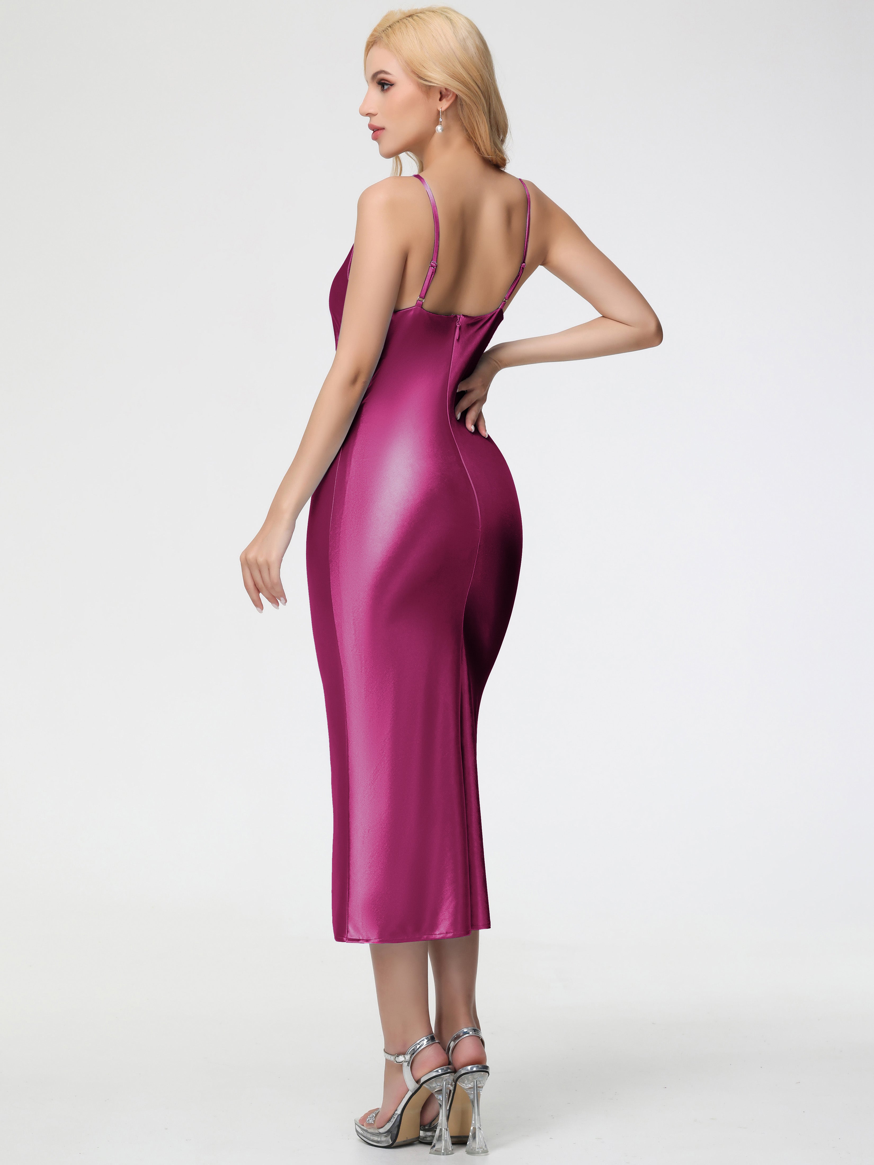 Fuchsia Formal Dress Sheath/Column Straps Cowl Neck Tea Length Stretch Satin Formal Dress