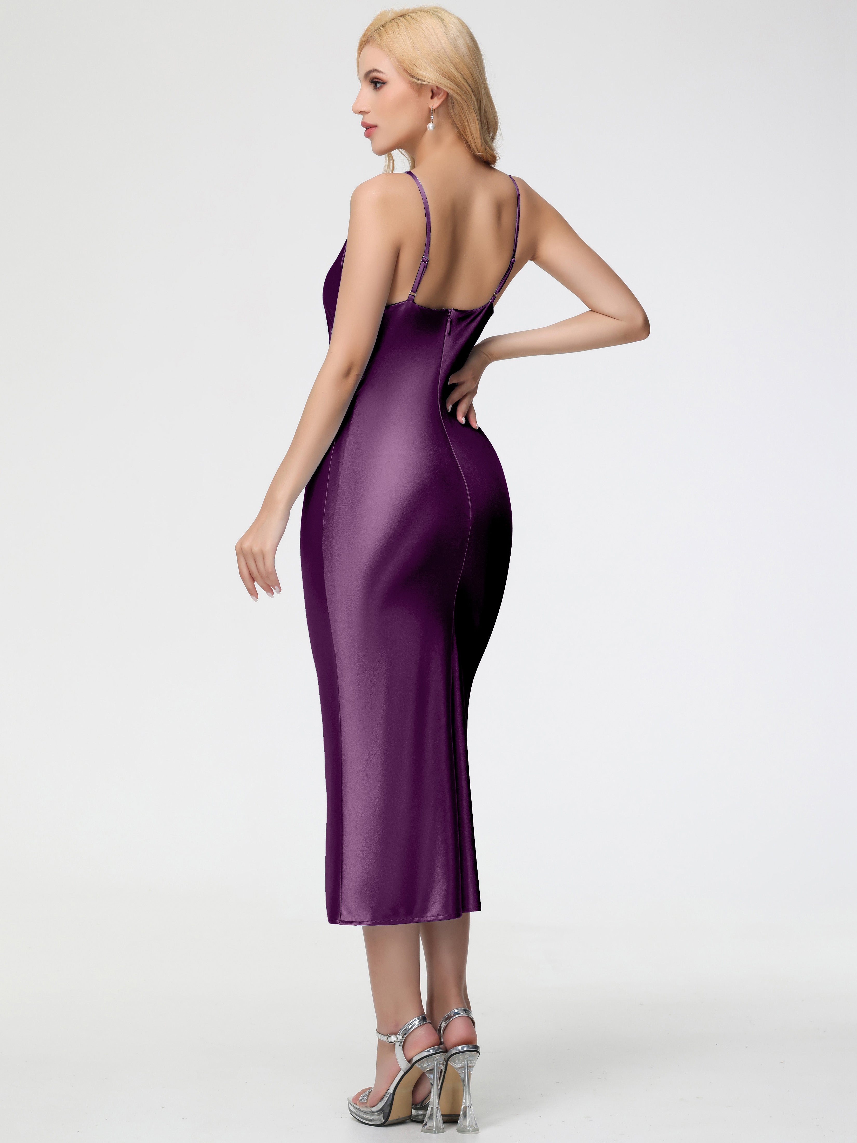 Grape Formal Dresses Sheath/Column Straps Cowl Neck Tea Length Stretch Satin Formal Dress