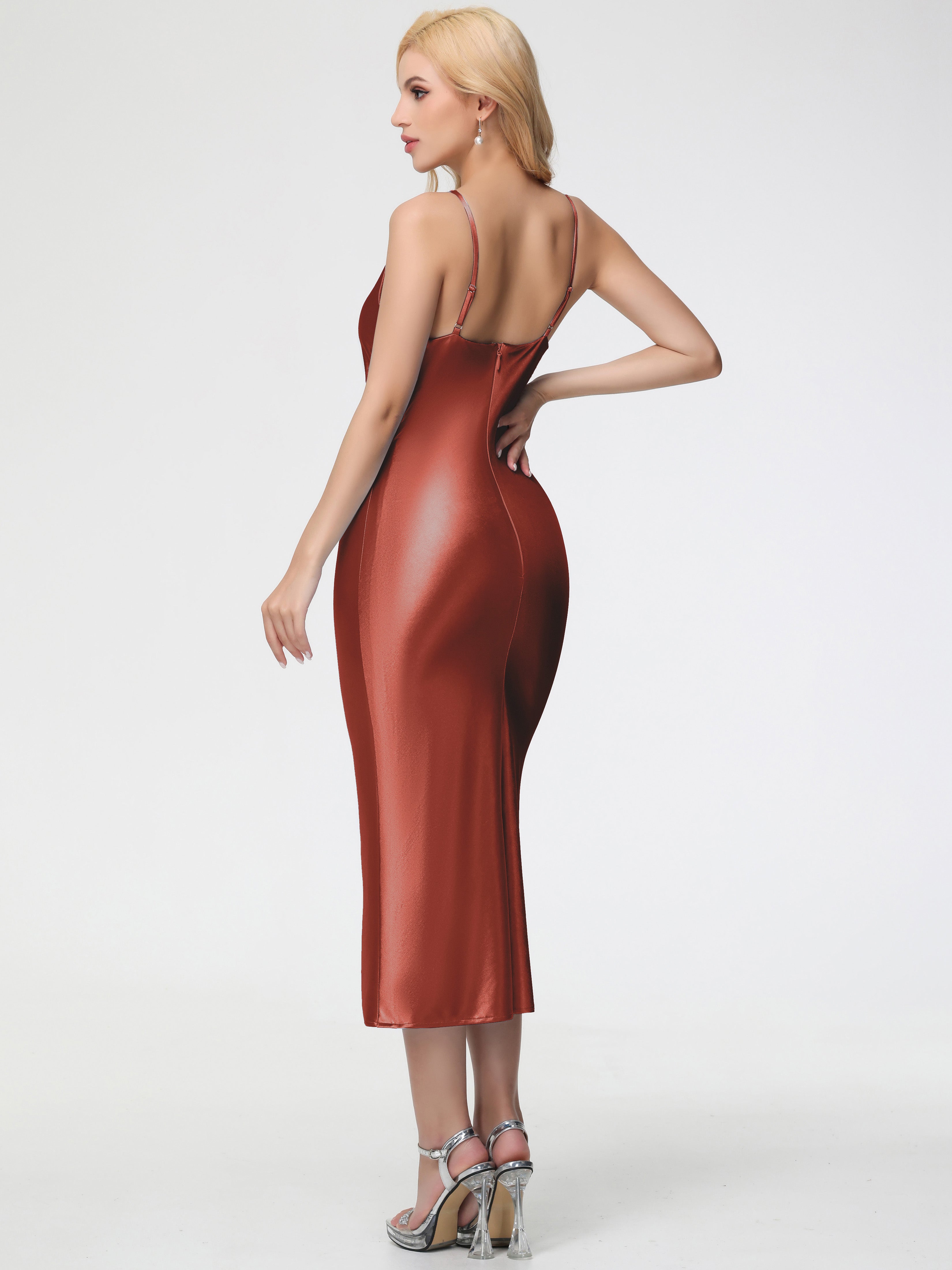 Rust Colored Formal Dresses Sheath/Column Straps Cowl Neck Tea Length Stretch Satin Formal Dress