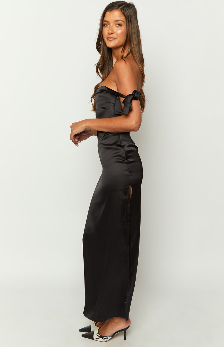 Satin Sweetheart Off Shoulder Bow Tie Strap Column Maxi Dress 4