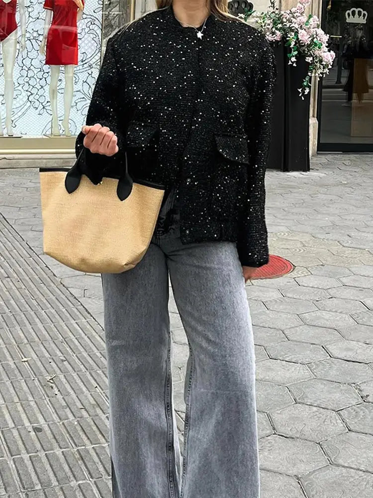 Sequin Tweed Flap Pocket Button Front Bomber Jacket 2