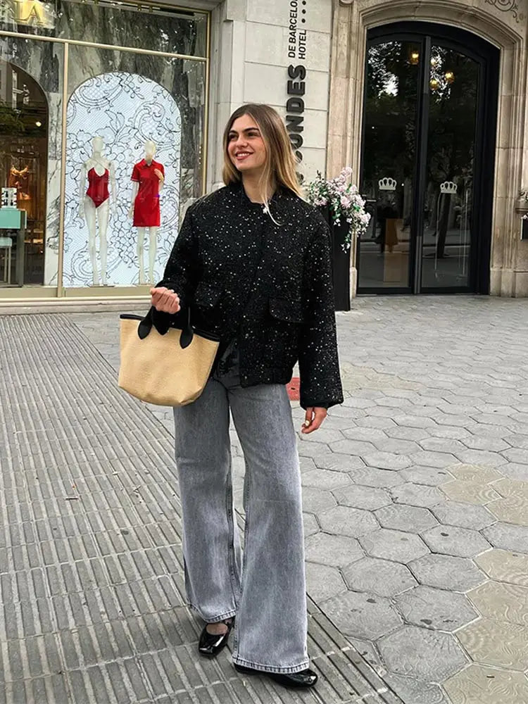 Sequin Tweed Flap Pocket Button Front Bomber Jacket 3