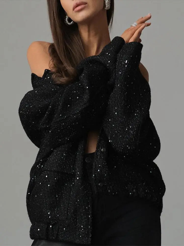 Sequin Tweed Flap Pocket Button Front Bomber Jacket 5