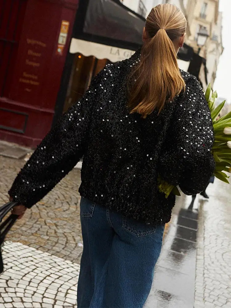 Sequin Tweed Flap Pocket Button Front Bomber Jacket 4