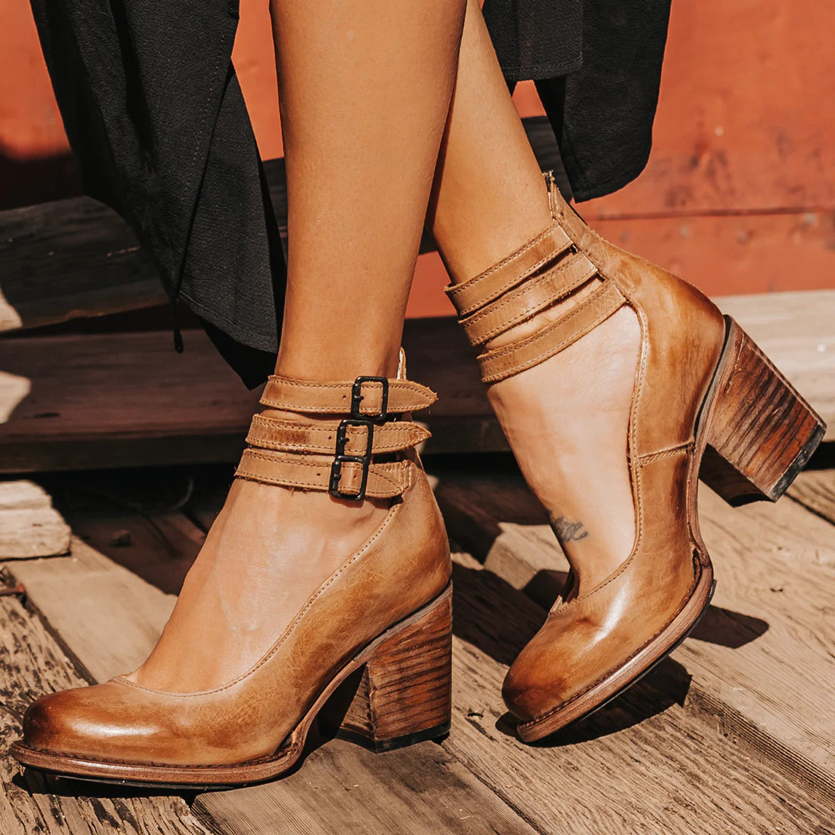 Round Toe Buckle Strap Block Heel Pumps