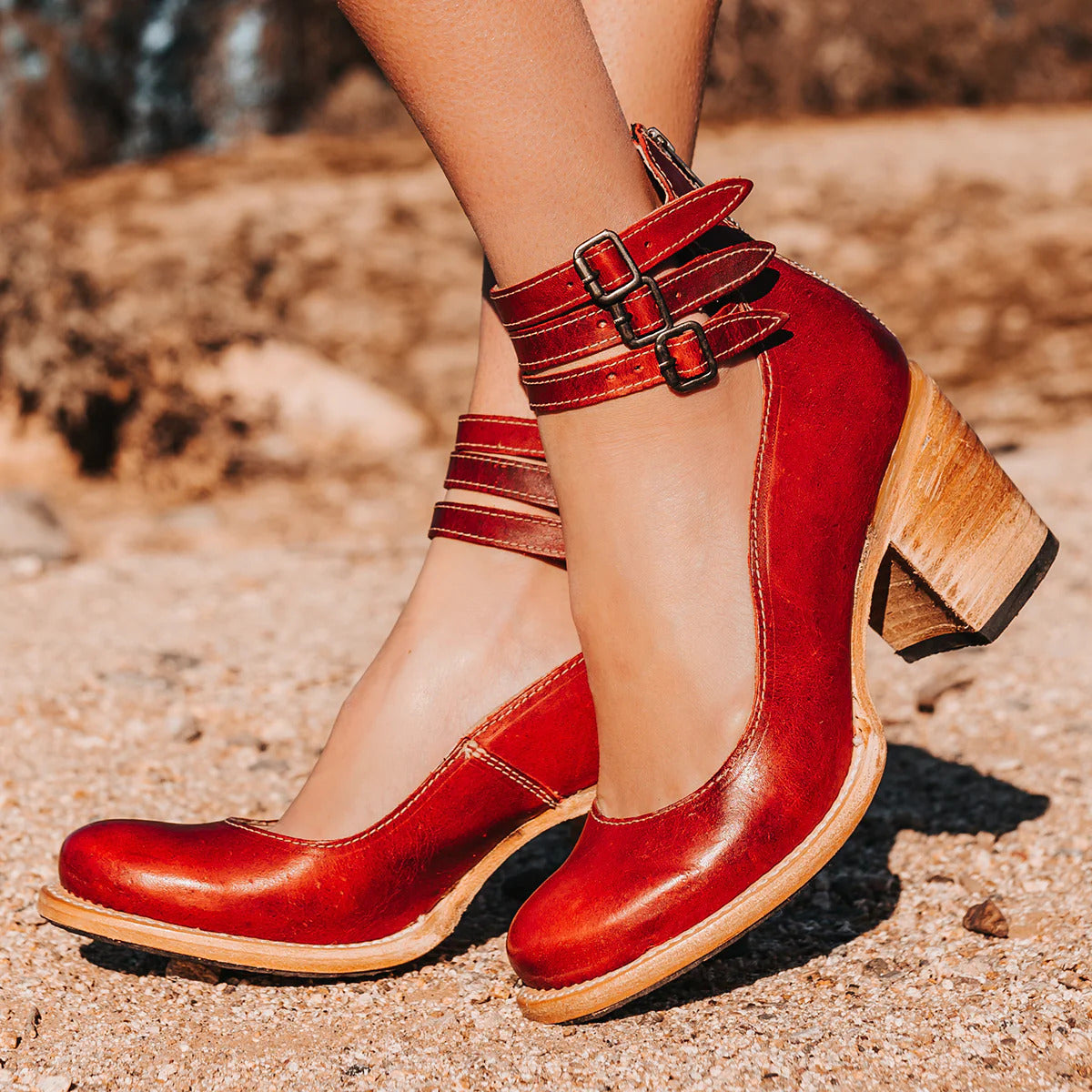 Round Toe Buckle Strap Block Heel Pumps