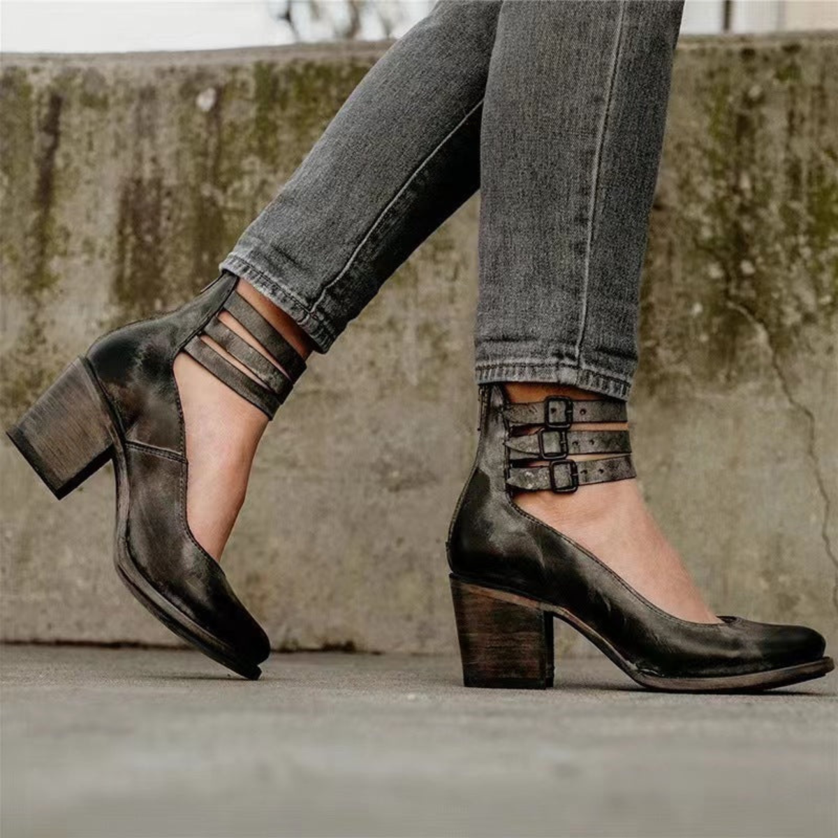 Round Toe Buckle Strap Block Heel Pumps