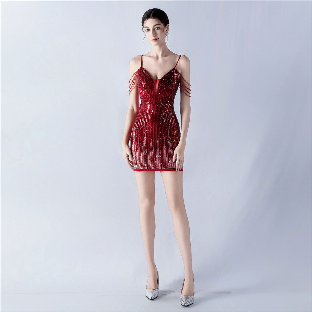 Short Dress Beaded Suspenders Hip Dress