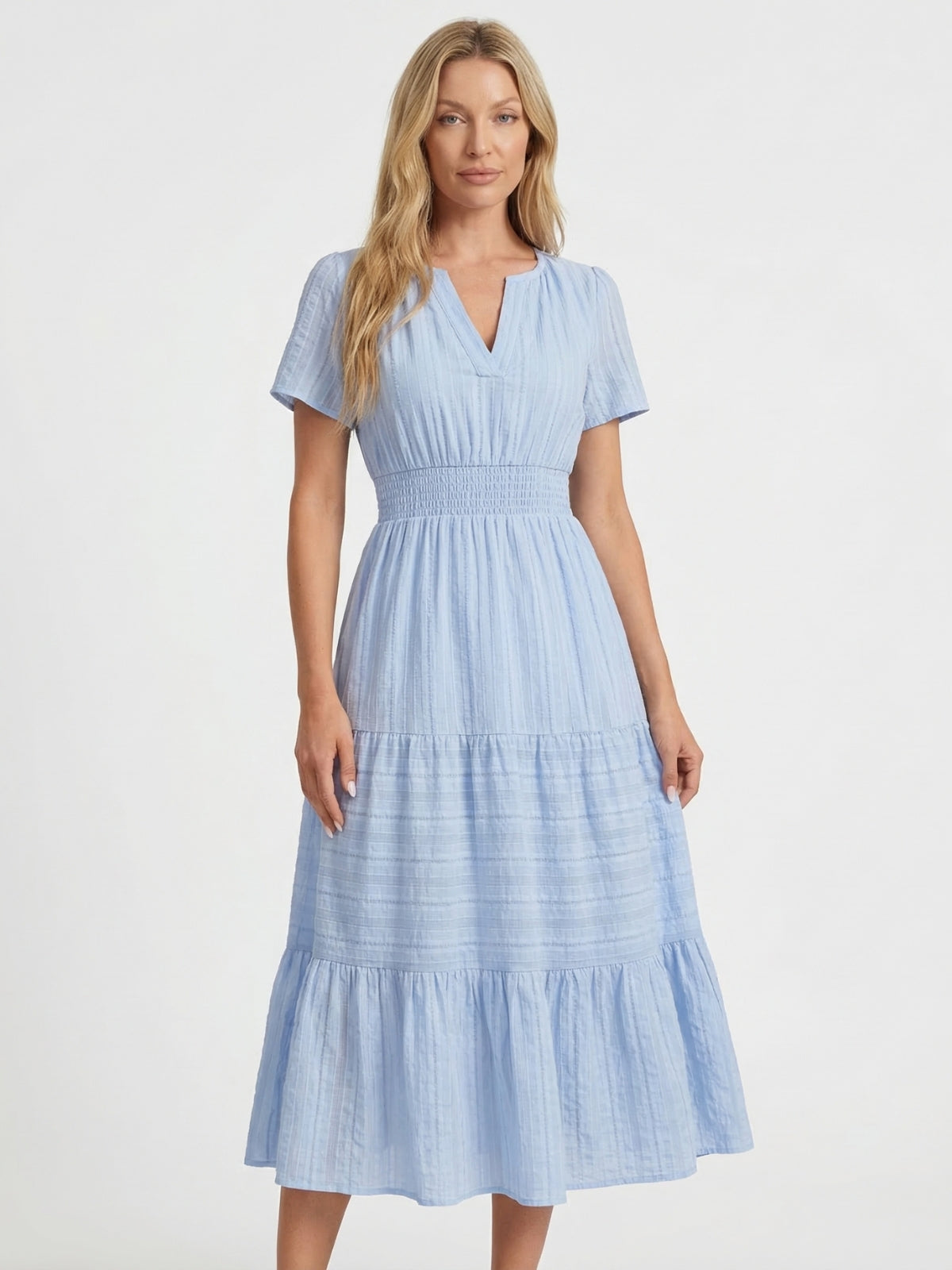 Split Neck Short Sleeve Smocked Tiered Midi Dress