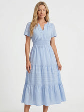 Split Neck Short Sleeve Smocked Tiered Midi Dress