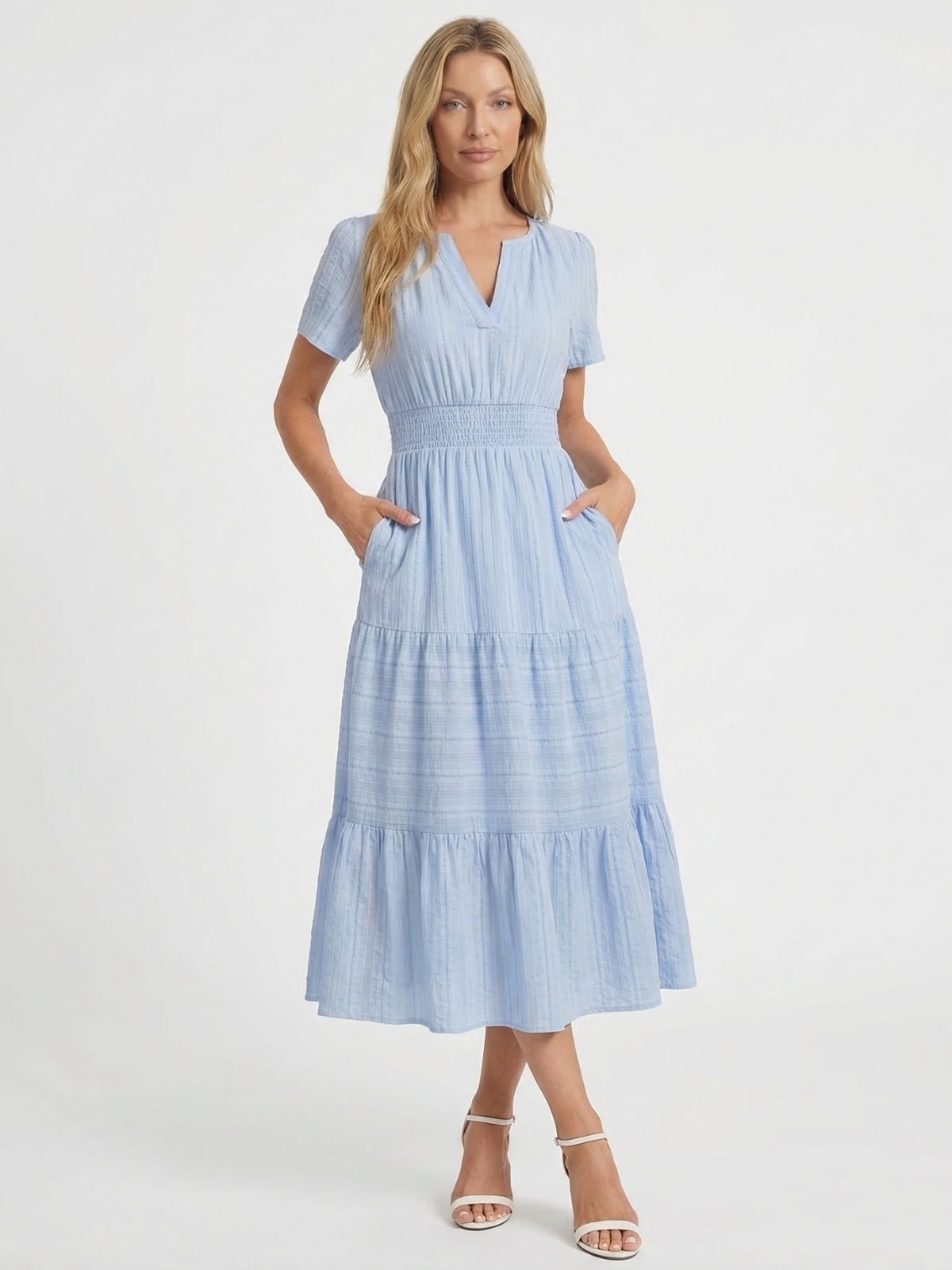 Split Neck Short Sleeve Smocked Tiered Midi Dress 2