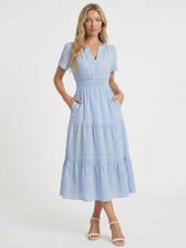 Split Neck Short Sleeve Smocked Tiered Midi Dress 2