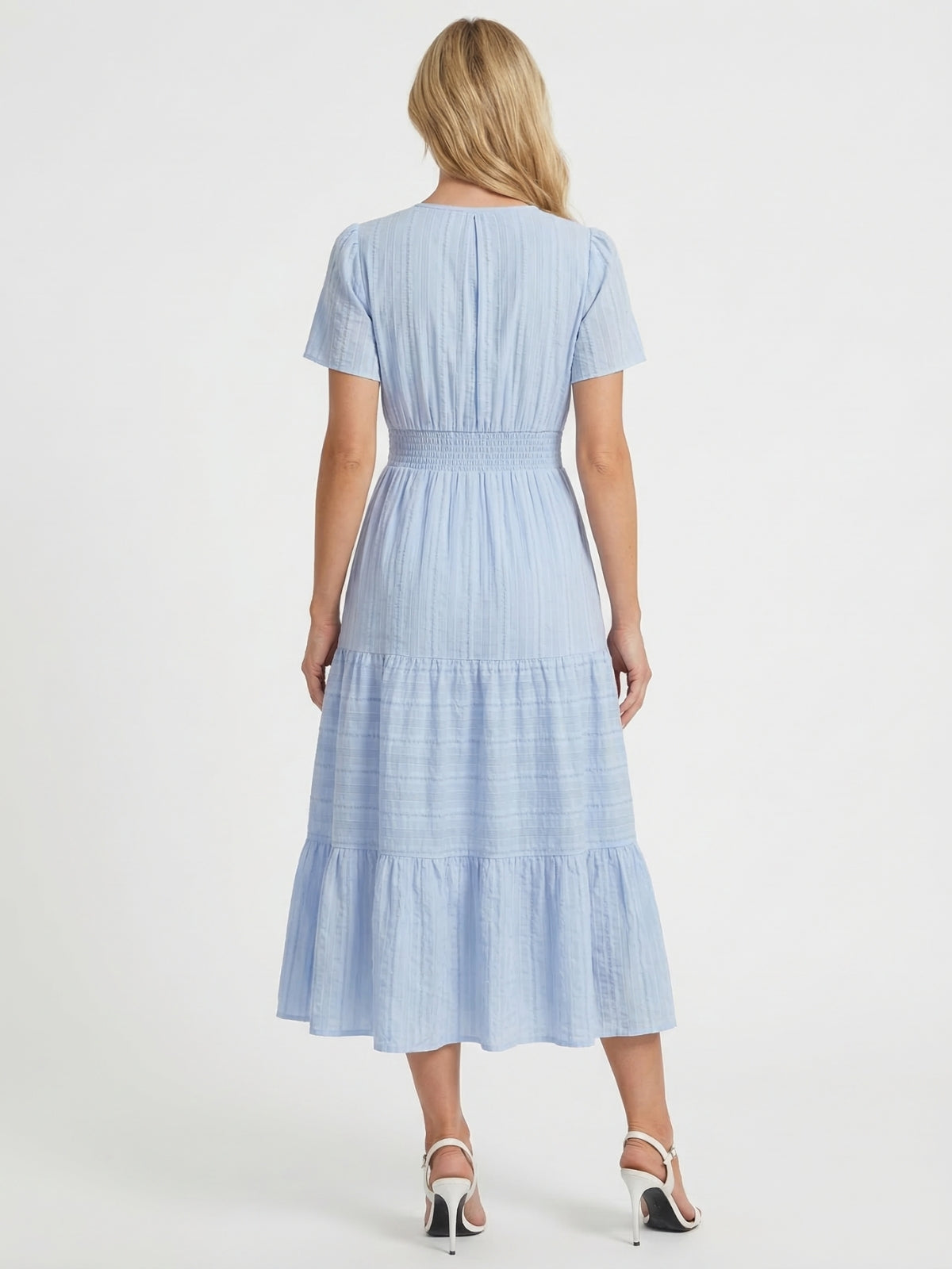 Split Neck Short Sleeve Smocked Tiered Midi Dress 3
