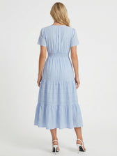 Split Neck Short Sleeve Smocked Tiered Midi Dress 3