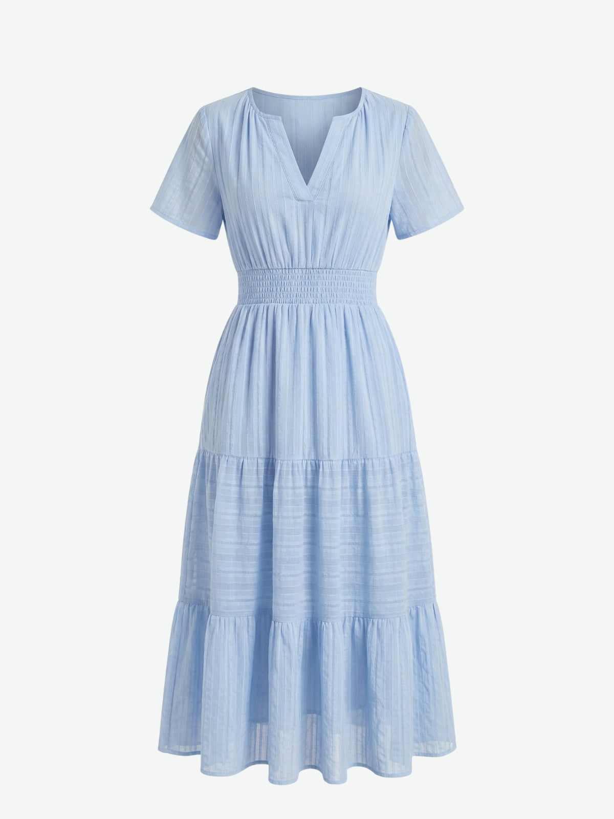 Split Neck Short Sleeve Smocked Tiered Midi Dress 4