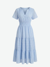 Split Neck Short Sleeve Smocked Tiered Midi Dress 4