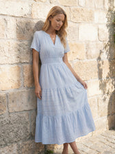 Split Neck Short Sleeve Smocked Tiered Midi Dress 5