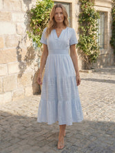 Split Neck Short Sleeve Smocked Tiered Midi Dress 6