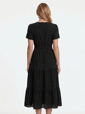 Split Neck Short Sleeve Smocked Tiered Midi Dress 15