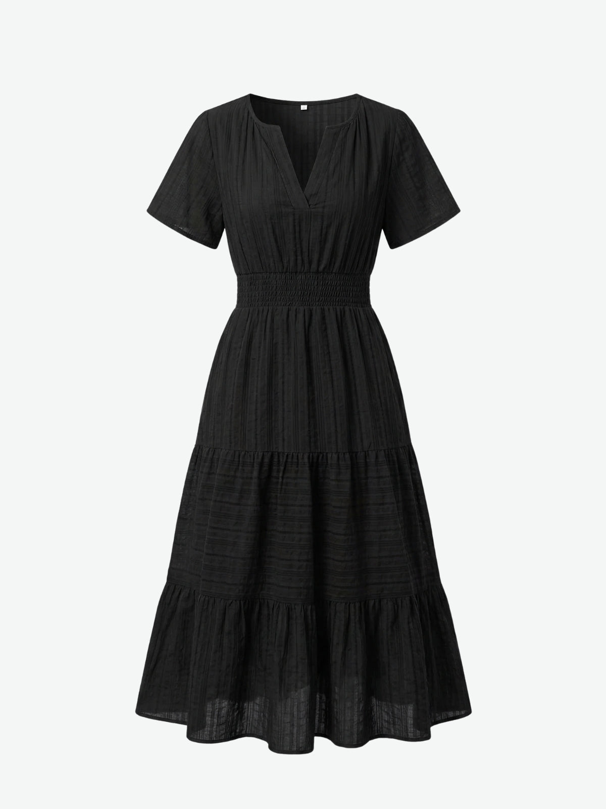 Split Neck Short Sleeve Smocked Tiered Midi Dress 16