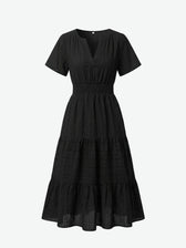 Split Neck Short Sleeve Smocked Tiered Midi Dress 16