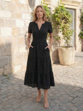 Split Neck Short Sleeve Smocked Tiered Midi Dress 18