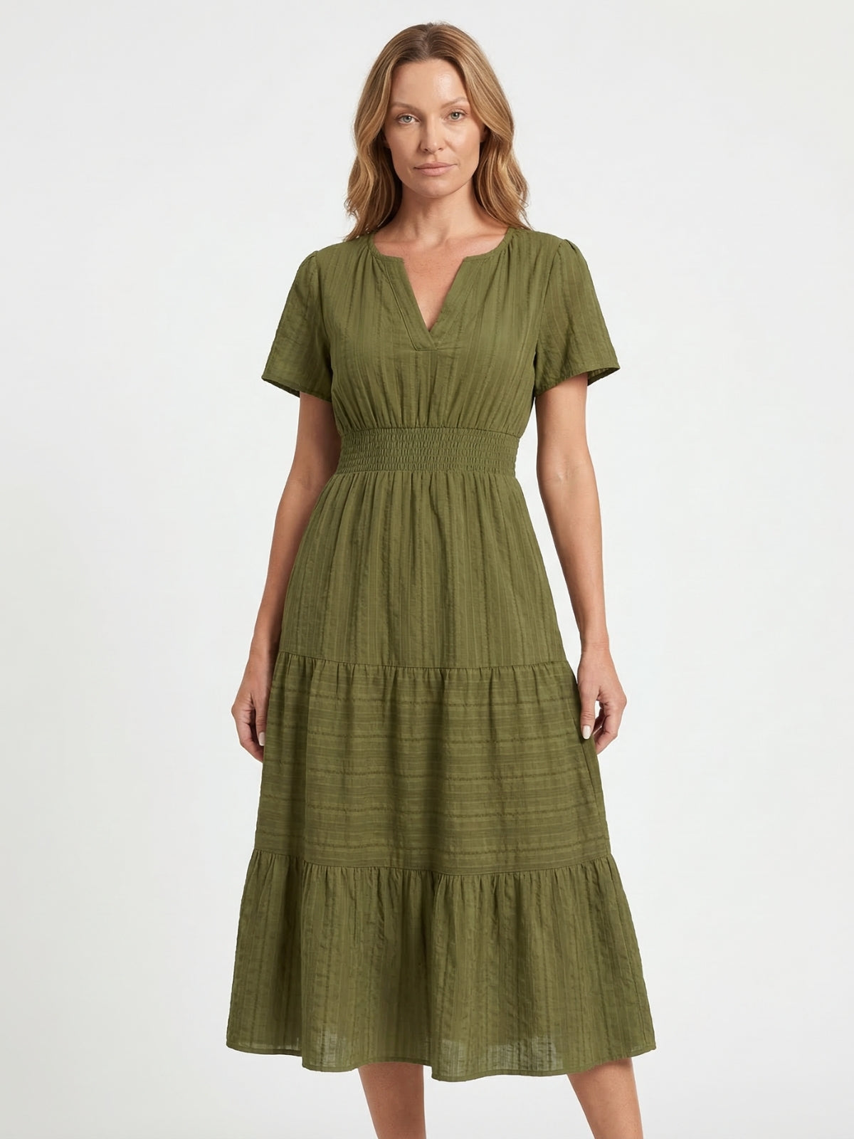 Split Neck Short Sleeve Smocked Tiered Midi Dress 7