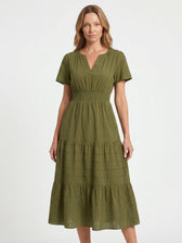 Split Neck Short Sleeve Smocked Tiered Midi Dress 7