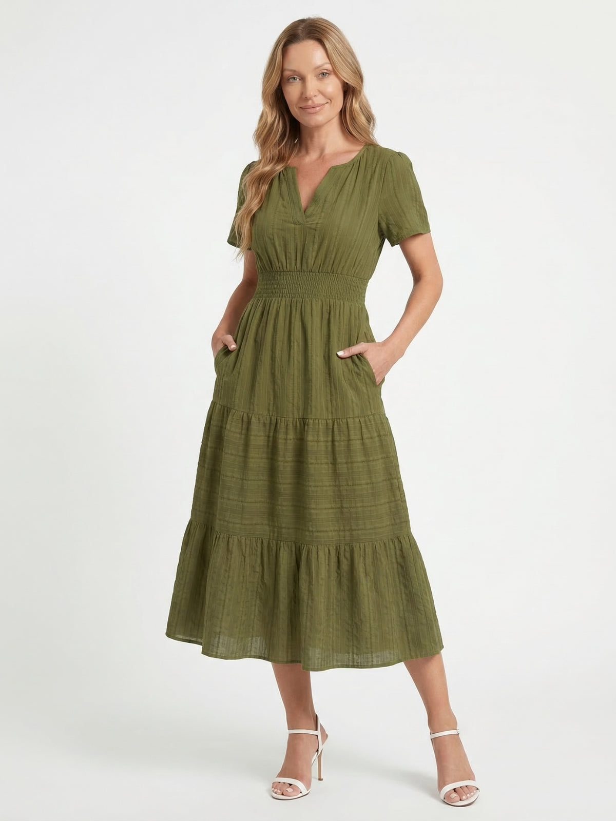 Split Neck Short Sleeve Smocked Tiered Midi Dress 8