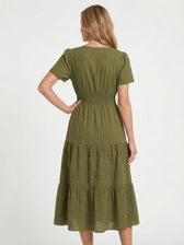 Split Neck Short Sleeve Smocked Tiered Midi Dress 9