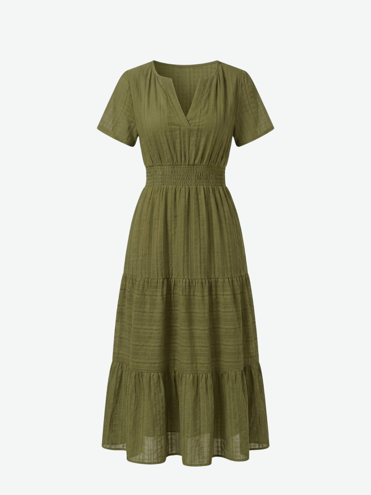 Split Neck Short Sleeve Smocked Tiered Midi Dress 10
