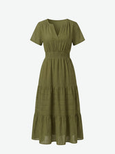 Split Neck Short Sleeve Smocked Tiered Midi Dress 10