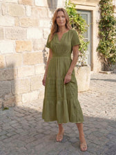 Split Neck Short Sleeve Smocked Tiered Midi Dress 12