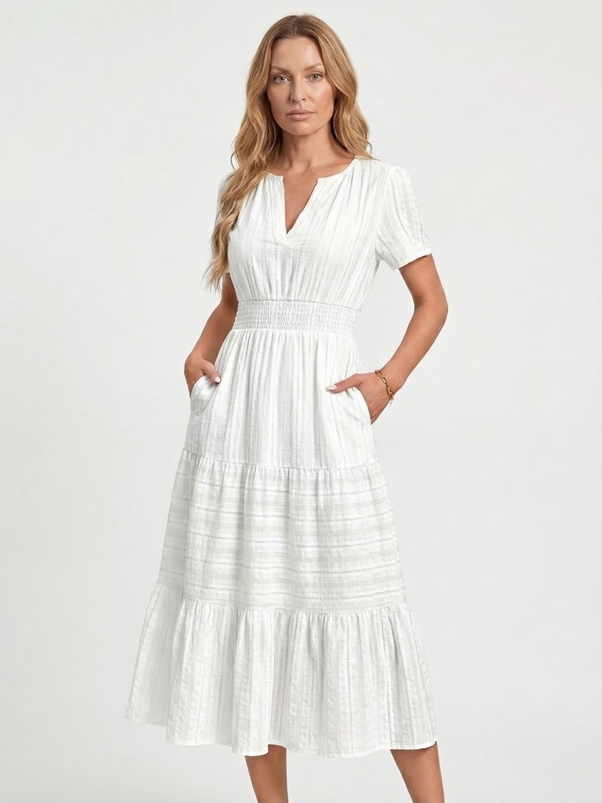Split Neck Short Sleeve Smocked Tiered Midi Dress 19