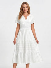 Split Neck Short Sleeve Smocked Tiered Midi Dress 20